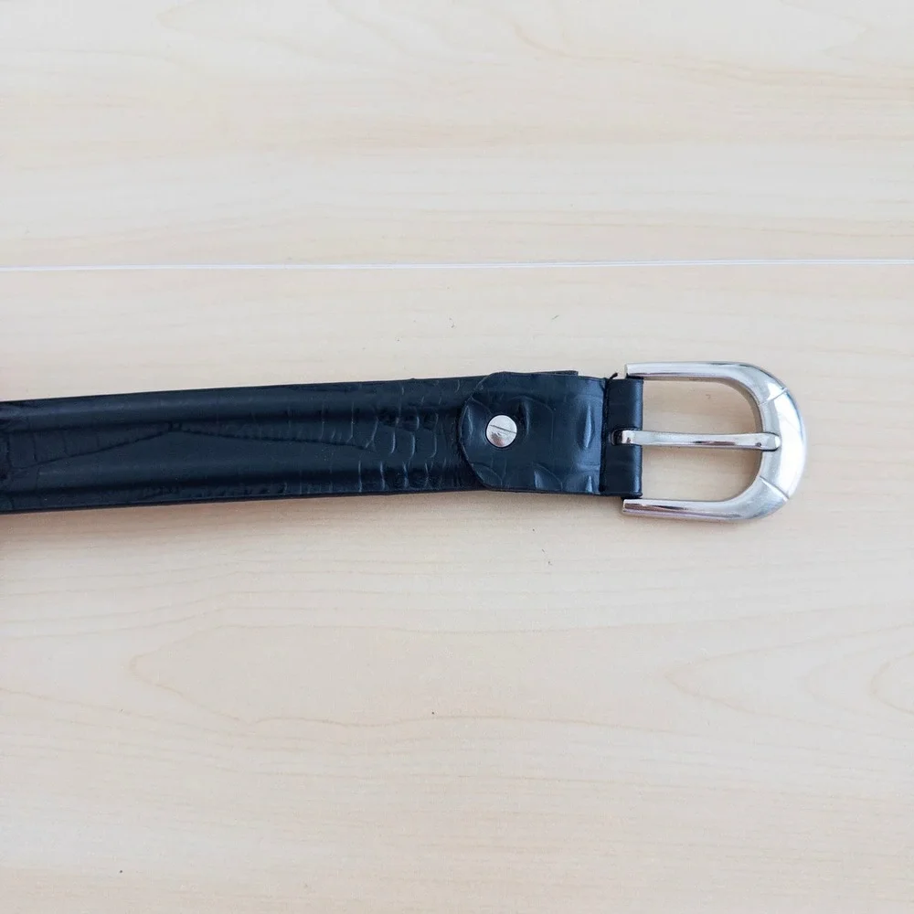 Mens‎ Genuine Leather Belt Medium Black Crocodile Embossed Silver Buckle Western